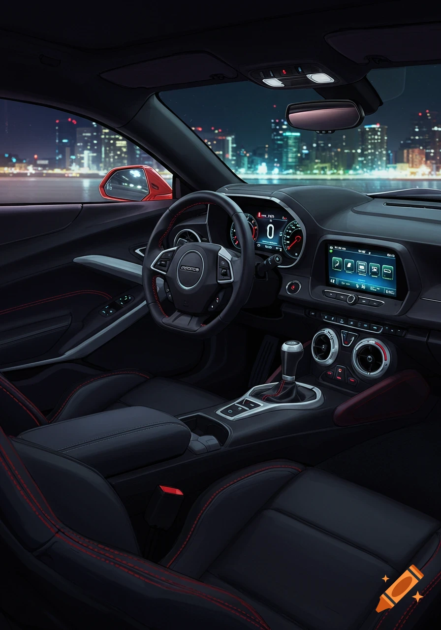 Detailed interior view of a dark sports car at night, with city lights visible through the windshield.