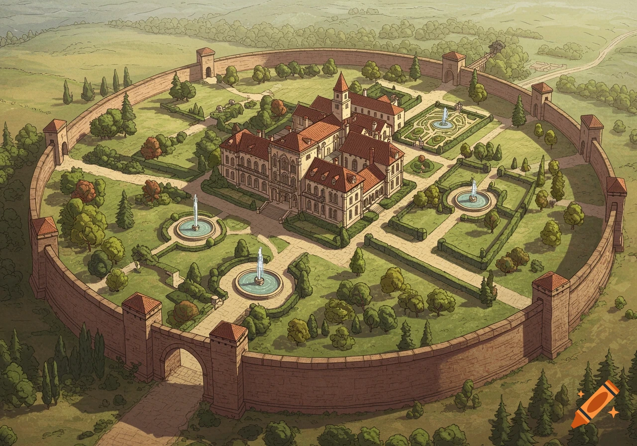 Aerial view illustration of a grand walled estate with a large mansion, formal gardens, and fountains.