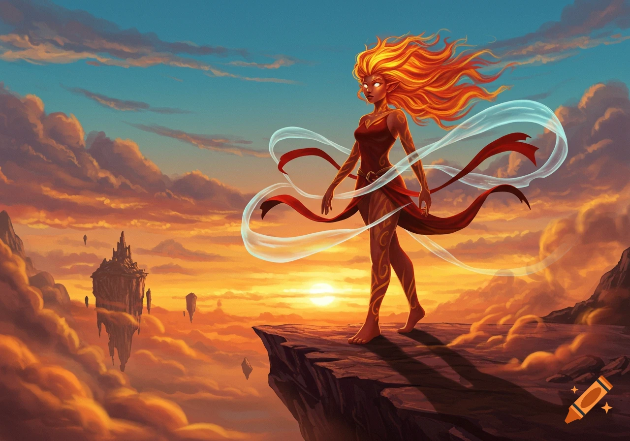 A fiery-haired female elemental character with glowing eyes stands on a cliff edge in a vibrant fantasy landscape with floating islands and a sunset sky, digital art.
