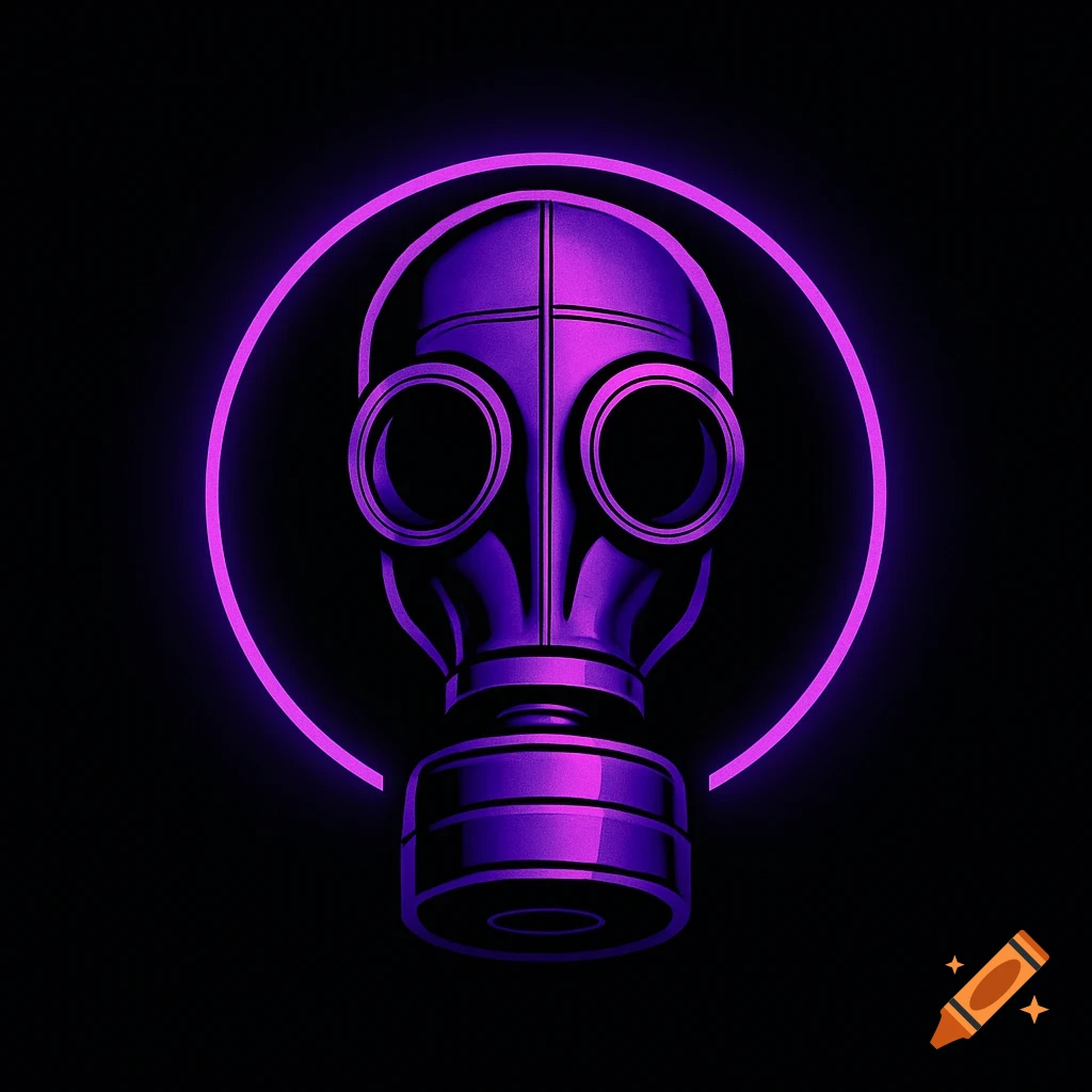 A purple gas mask with a glowing purple neon ring around it, set against a black background.