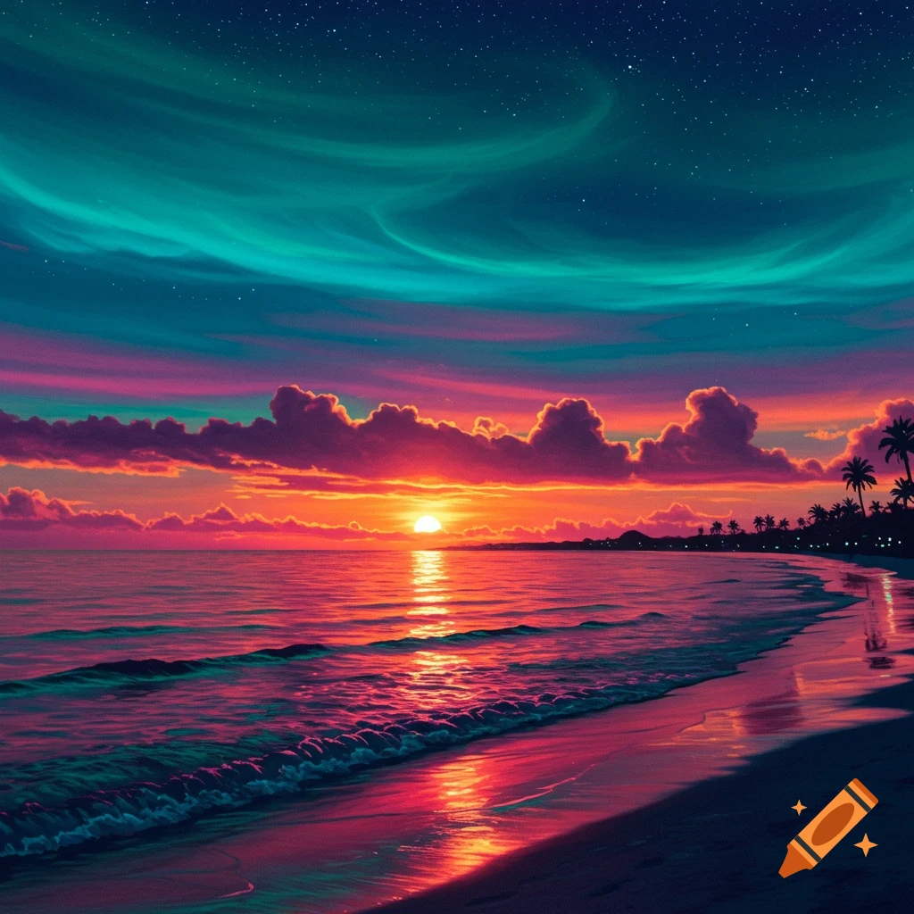 A vibrant, colorful sunset over a beach with pink and orange reflections on the ocean, under a teal, starry sky.