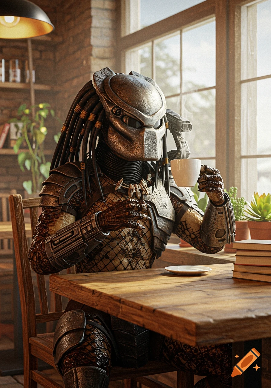 Photorealistic image of a Predator alien sitting at a wooden table in a cozy cafe, holding a white coffee cup.