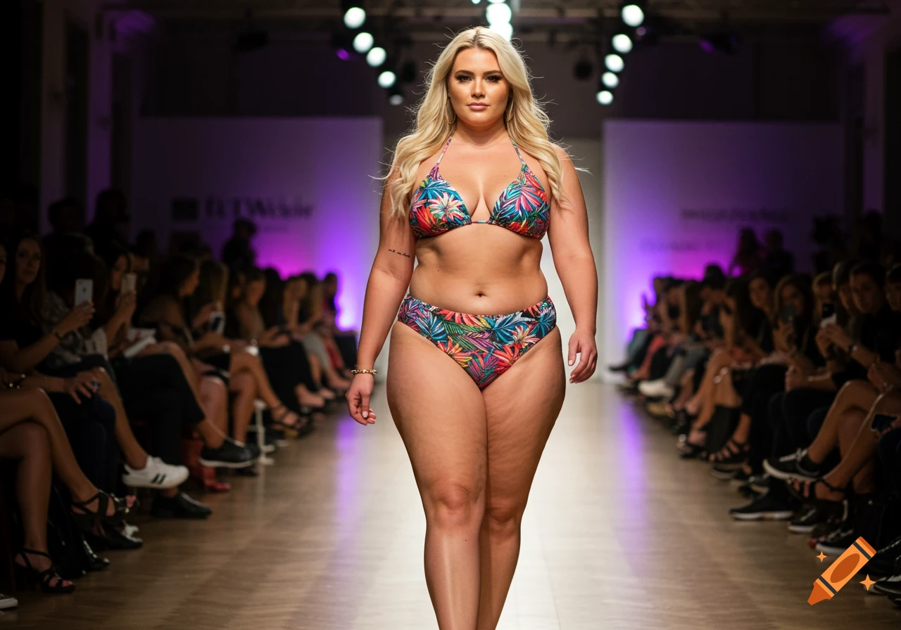 A blonde plus-size model wearing a colorful bikini walks down a brightly lit runway at a fashion show.