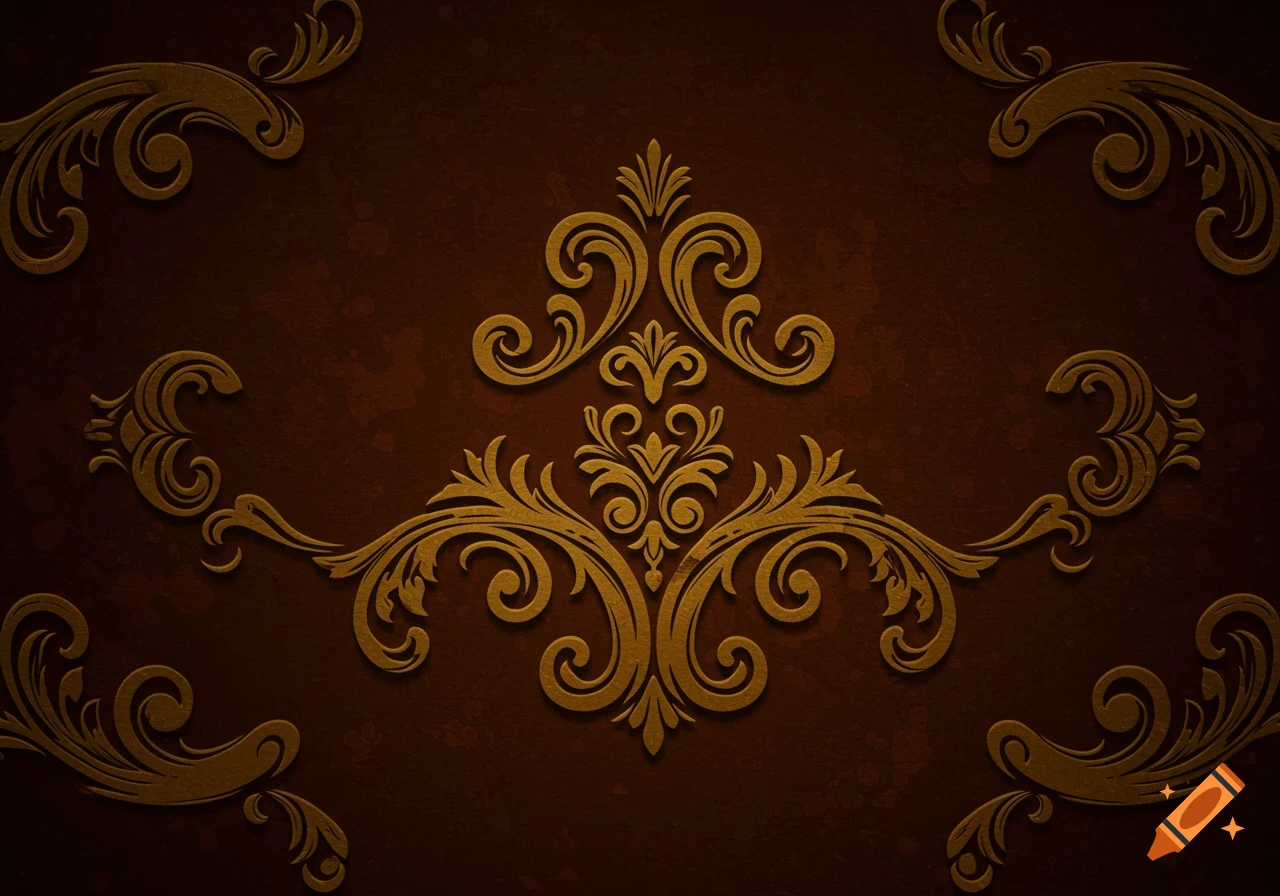 Golden ornamental patterns on a dark brown textured background.