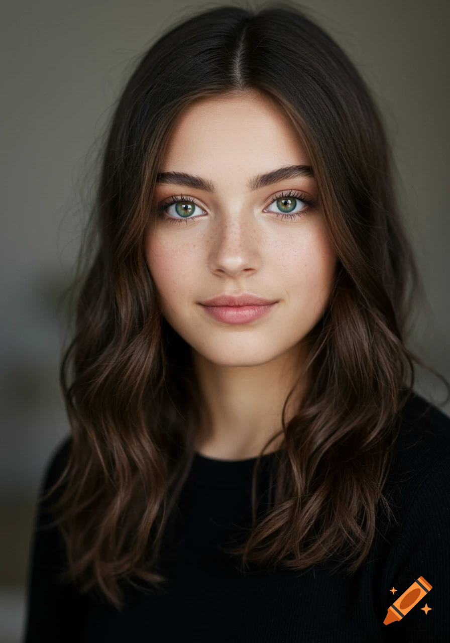 A photorealistic portrait of a young woman with long wavy brunette hair, hazel-green eyes, and freckles.