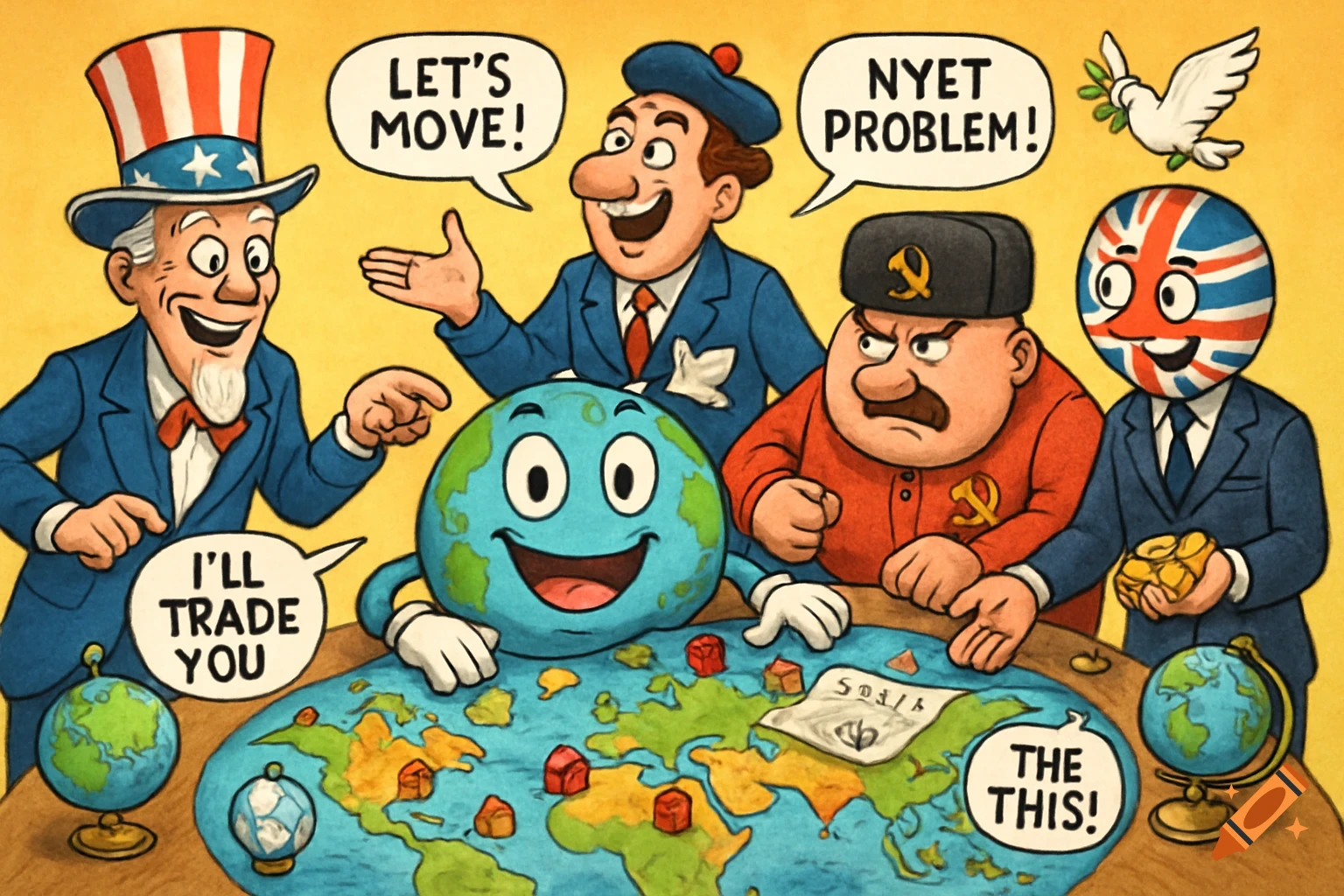 Cartoon of Uncle Sam, a European character, a Soviet character, and a British character standing around a world map with a smiling Earth character. Speech bubbles contain phrases like 'LET'S MOVE!' and 'NYET PROBLEM!'.