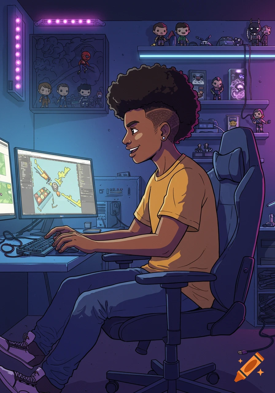 A cartoon illustration of a smiling person with dark skin and a curly afro, sitting in a gaming chair at a desk with two monitors in a room with LED lights and figurines.