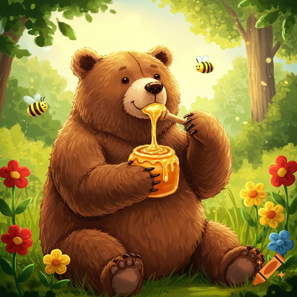 Cartoon brown bear sits in a green forest, happily eating honey from a pot with a dipper, surrounded by colorful flowers and bees.