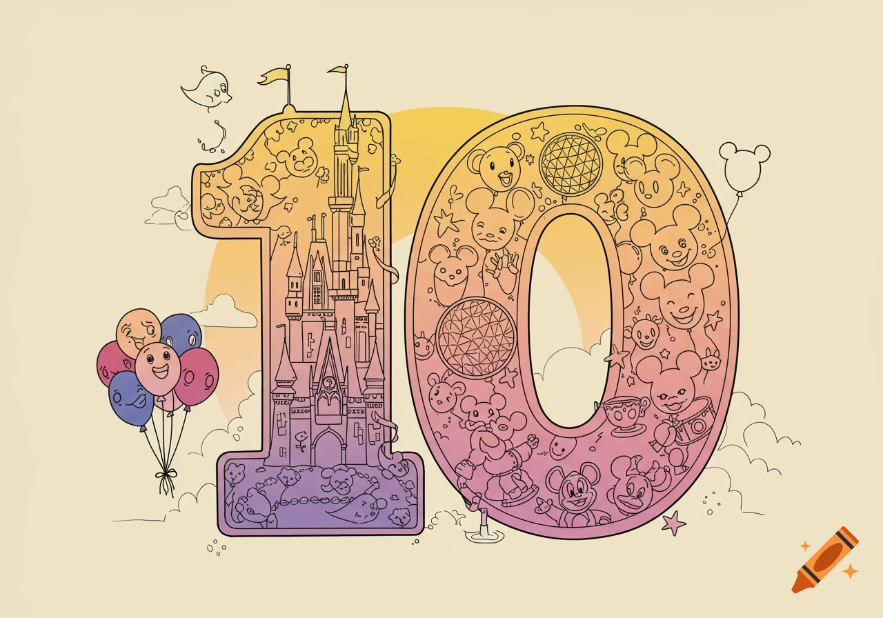 Colorful line art of the number 10, with a Disney castle forming the '1' and Mickey Mouse faces filling the '0', in a coloring sheet style.