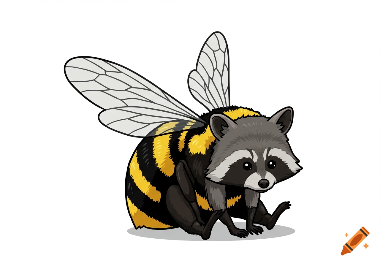 A cartoon illustration of a raccoon with a bumblebee body and wings, sitting.