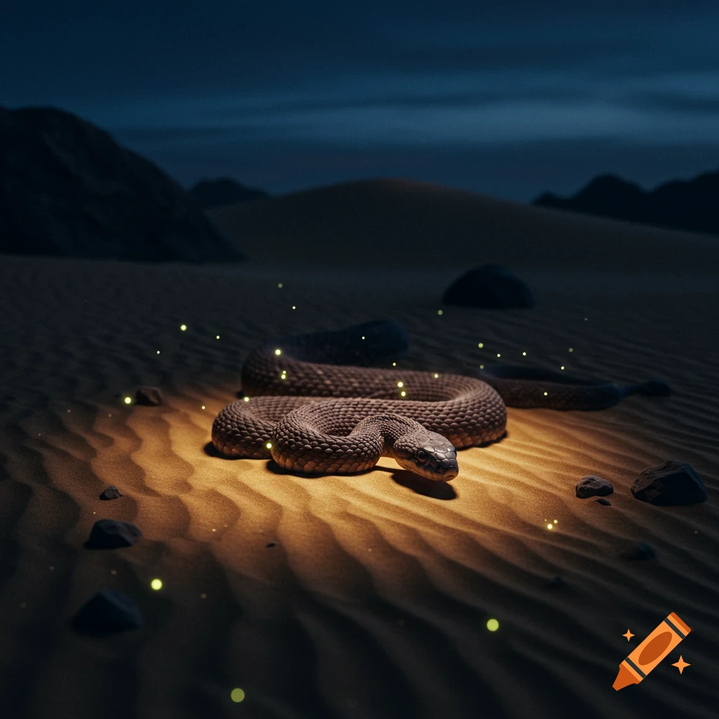 A coiled snake in a dark desert, illuminated by glowing particles, with sand dunes and hills in the background. Photorealistic.