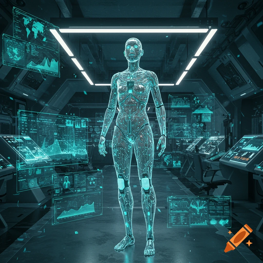 A translucent robotic figure with glowing circuit patterns stands in a dark, futuristic control room surrounded by holographic screens displaying data and maps.