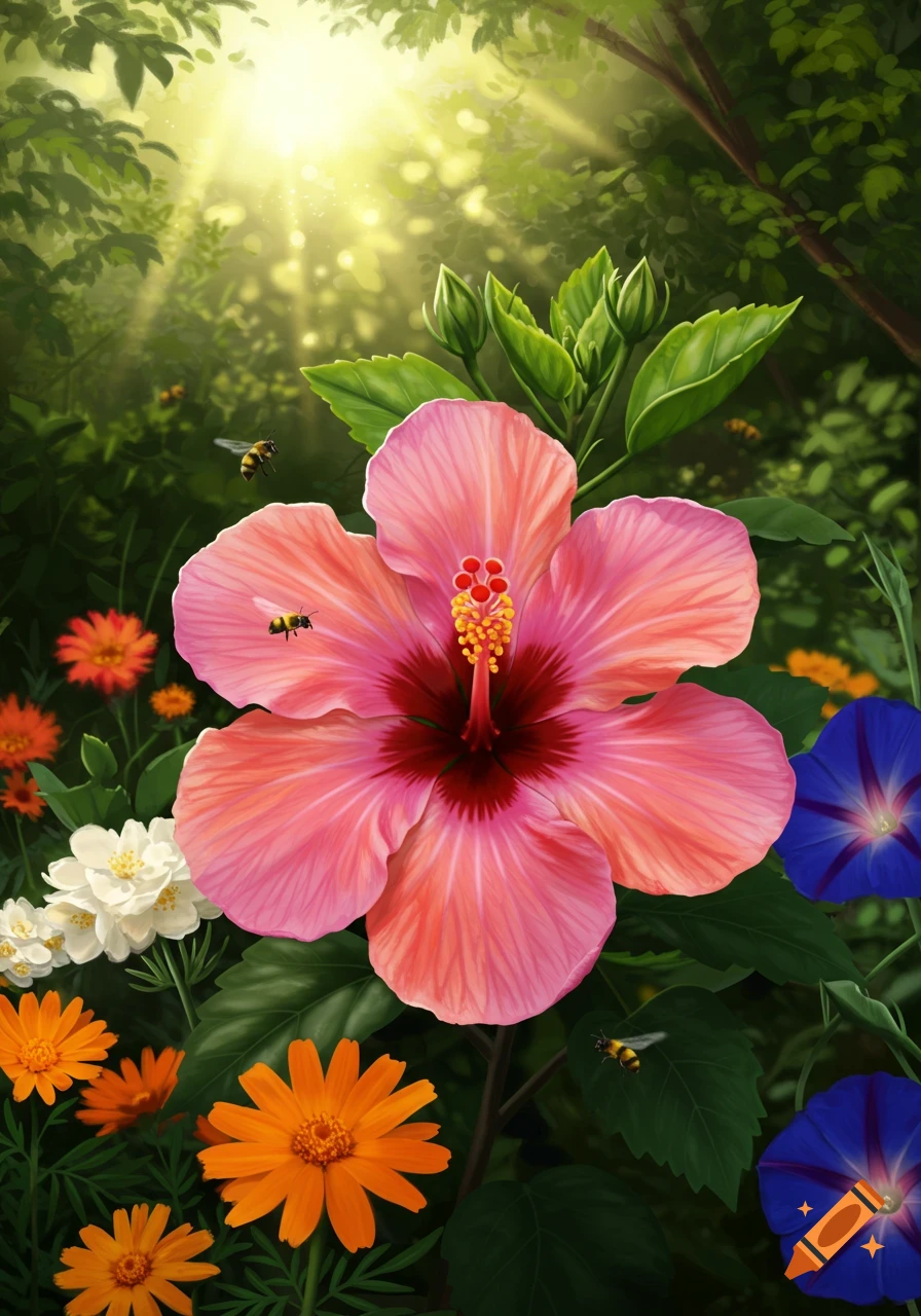 A vibrant pink hibiscus flower with yellow stamens in a lush garden with bees, sun rays, and other colorful flowers.