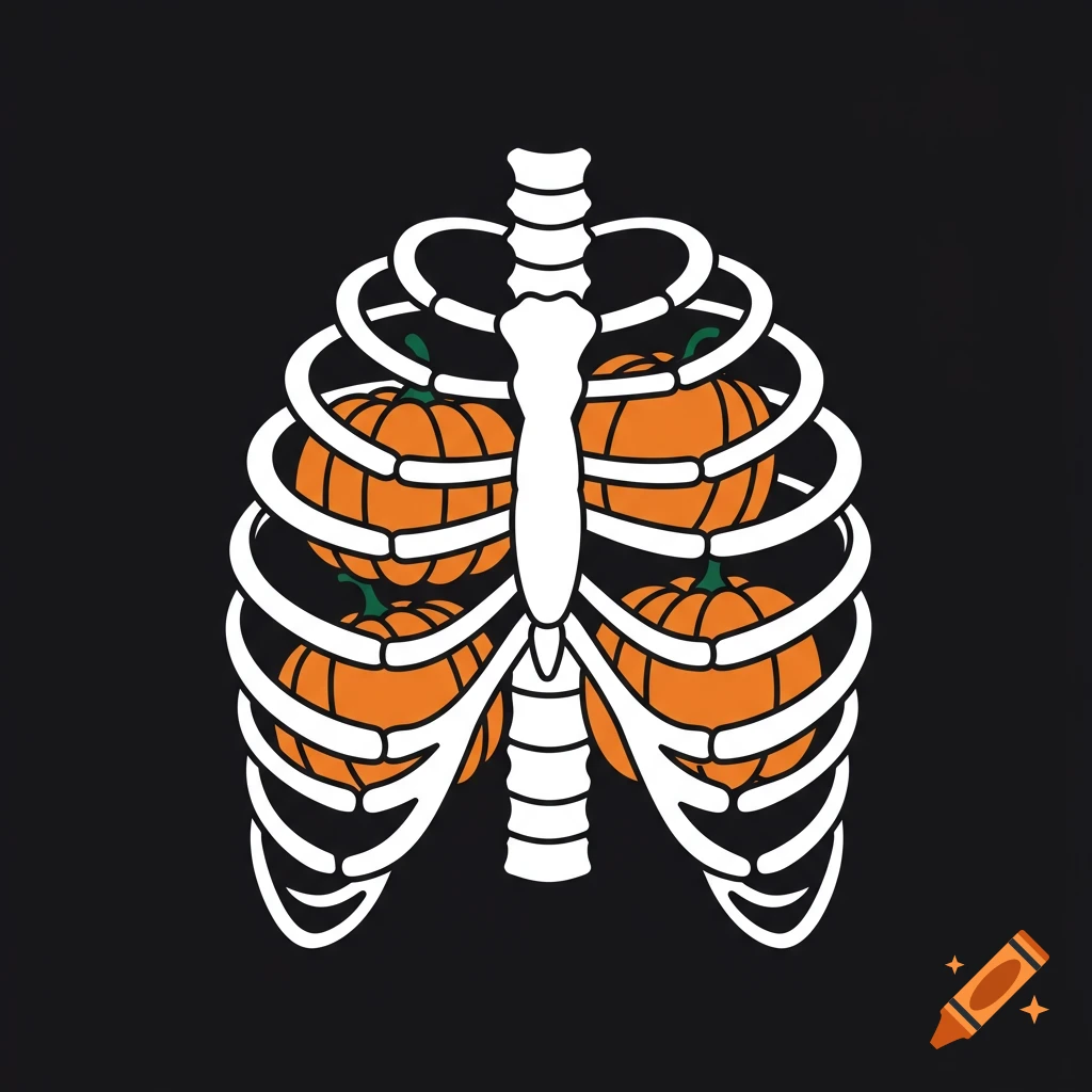 A white skeleton ribcage filled with orange pumpkins against a black background.