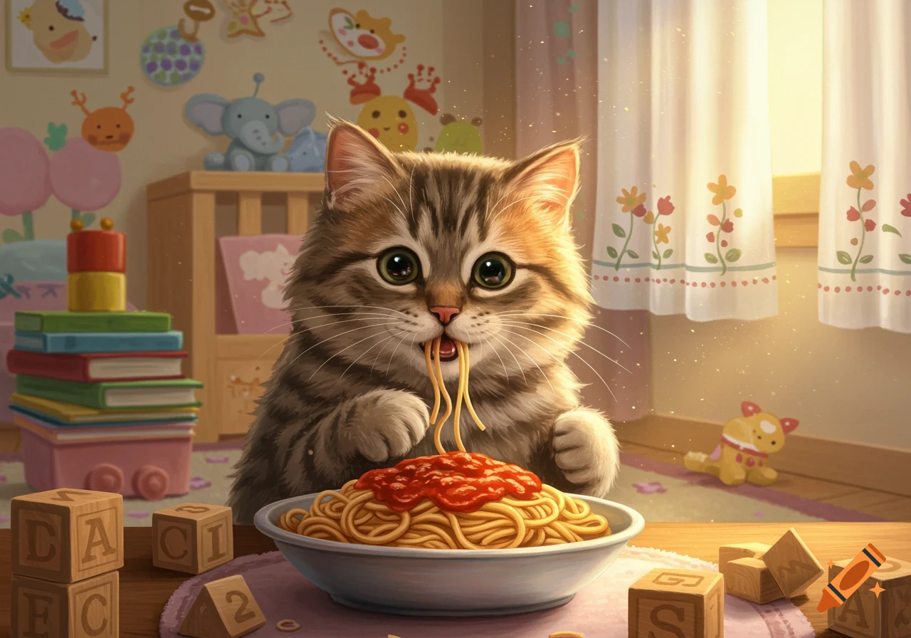 A cute fluffy tabby kitten in a nursery eats a bowl of spaghetti with tomato sauce, with wooden alphabet blocks on the table.