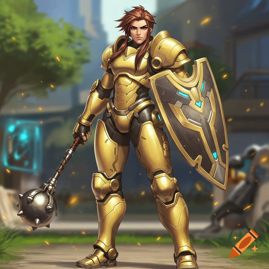 A female warrior in golden futuristic armor holds a spiked mace and shield in a cityscape.