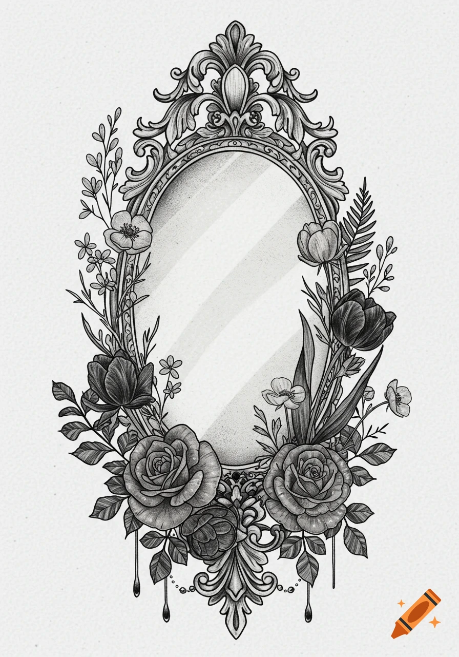 Intricate black and grey illustration of an ornate oval mirror framed by roses, tulips, and various flowers.
