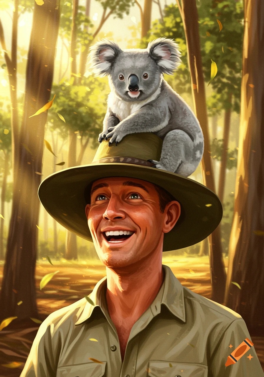 An illustrative portrait of a smiling Australian man with a koala perched on his hat in a sunlit forest.