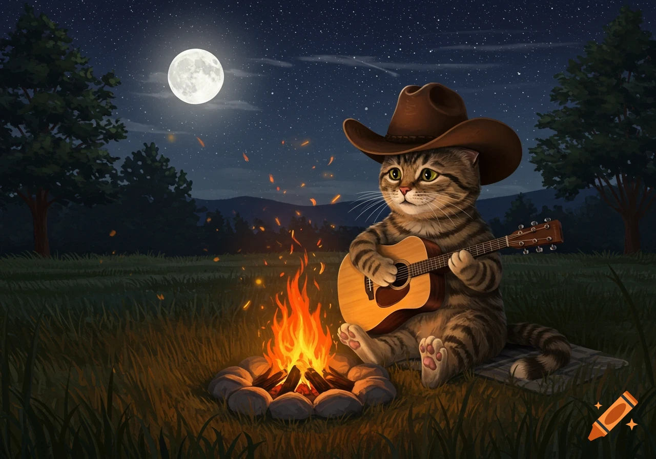 A cartoon cat wearing a cowboy hat plays an acoustic guitar by a campfire under a full moon and starry night sky.