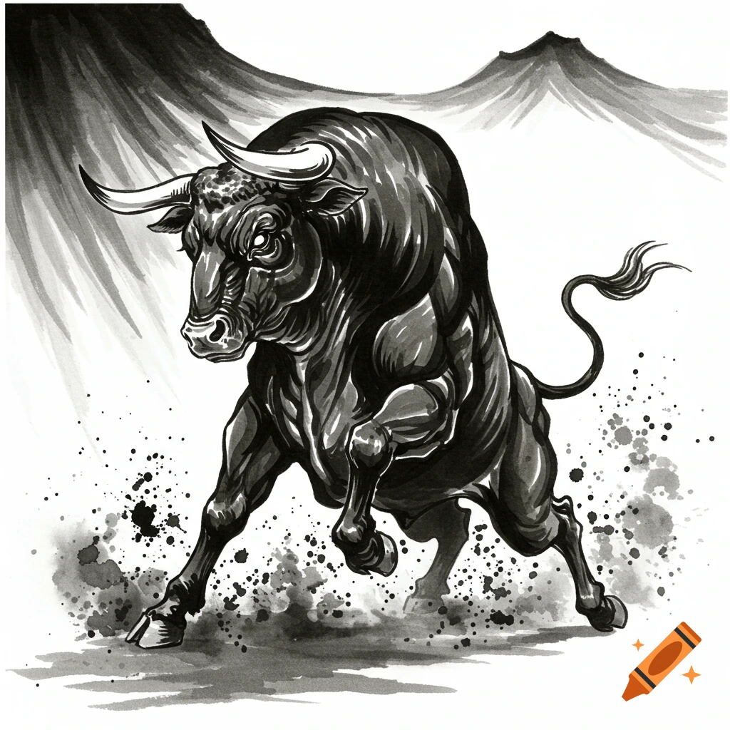 Black and white Japanese style ink drawing of a powerful bull charging with ink splatters and stylized mountains.