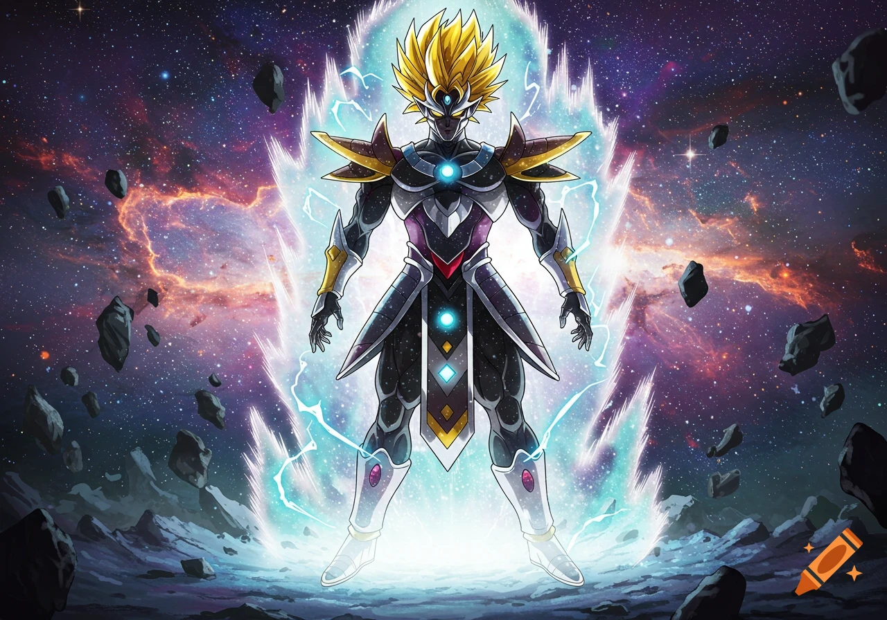 A powerful anime character with yellow spiky hair and a blue aura stands in a cosmic space filled with nebulae and asteroids.