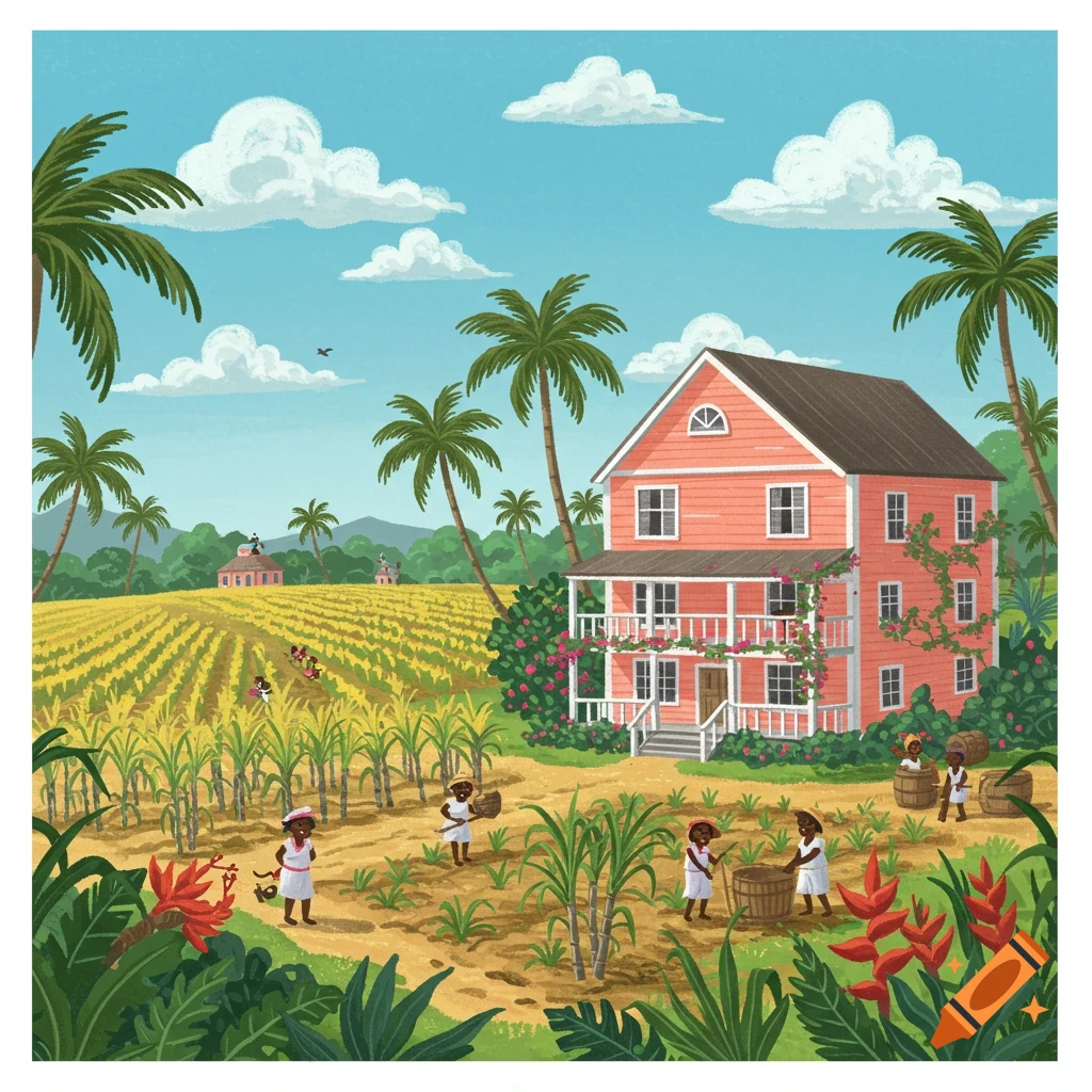 Cartoon illustration of a tropical plantation with a pink house, palm trees, and people working in sugarcane fields under a blue sky.