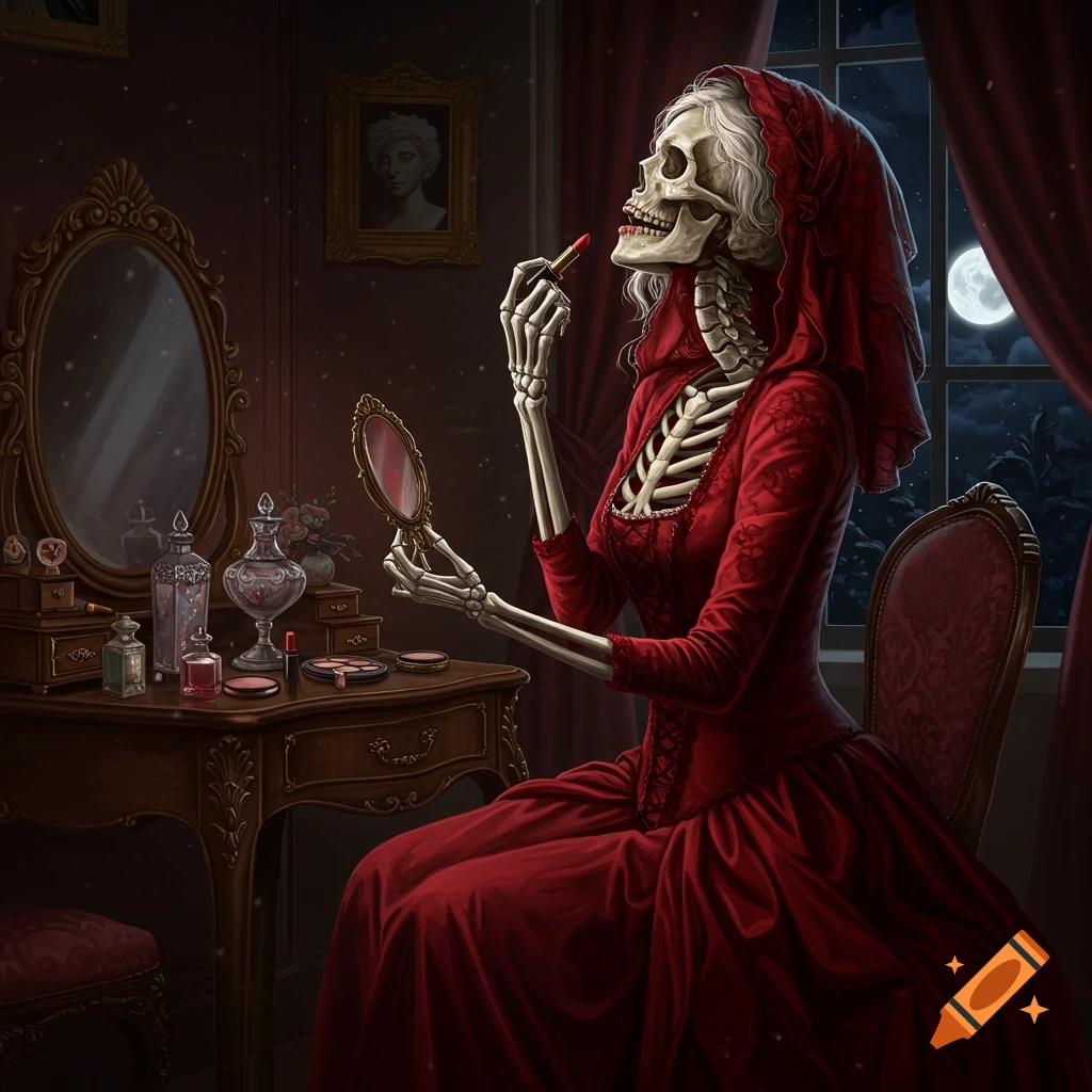 A female skeleton in a red gown applies lipstick while looking in a hand mirror at a vanity table in a dimly lit, gothic room.
