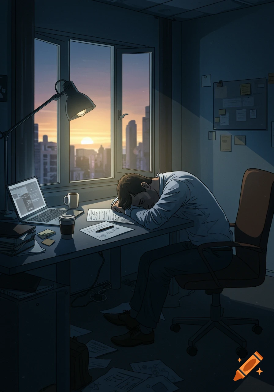 An illustrated man, worn out, sleeps on his office desk as the sun sets over a city visible through the window.