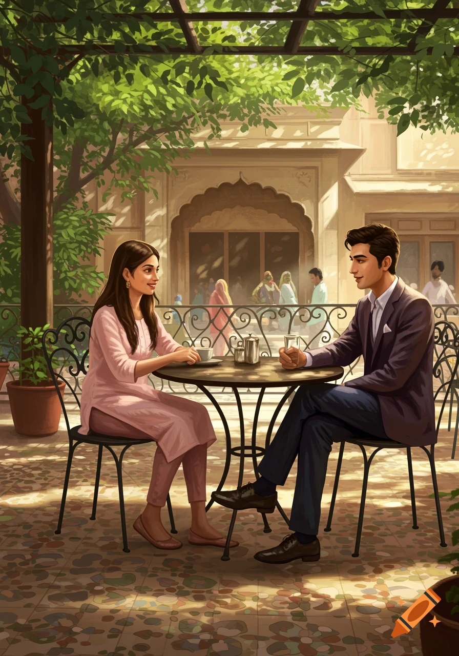 An illustration of a man and a woman in a pink kurti talking at an outdoor cafe in the sunlight.