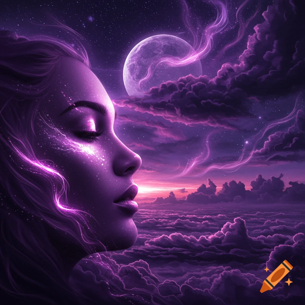 Profile of a woman with closed eyes, glowing with purple energy, against a mystical purple sky with a large moon and clouds.
