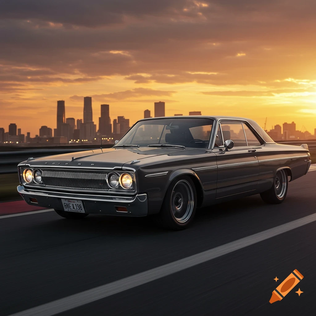 A dark grey vintage muscle car, likely a Dodge Polara, drives on a road at sunset with a city skyline in the background. The car is in sharp focus, and the sky is filled with orange and yellow hues.