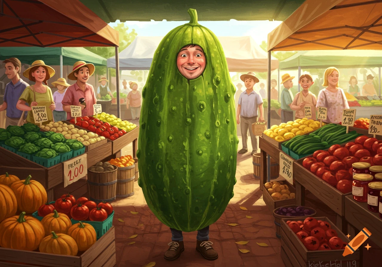 A man in a vibrant green pickle costume stands smiling in the middle of a bustling outdoor farmers market filled with produce stalls.