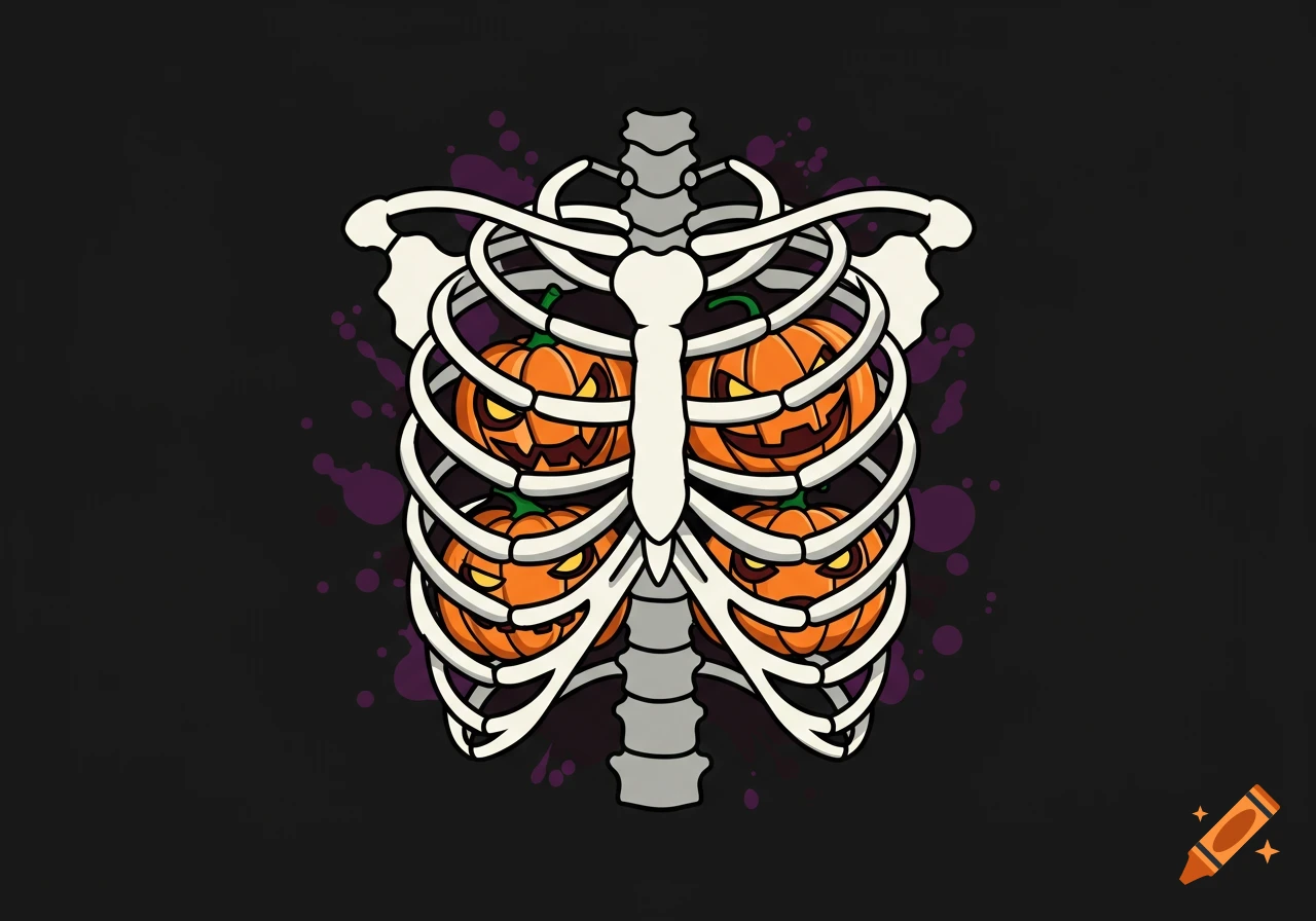 A cartoon illustration of a white skeleton ribcage filled with four orange jack-o'-lanterns with yellow eyes on a dark background with purple splatters.