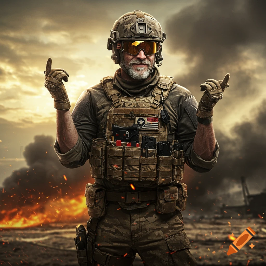 A photorealistic image of a bearded soldier in tactical gear shrugging, standing in a burning warzone with smoke-filled skies.