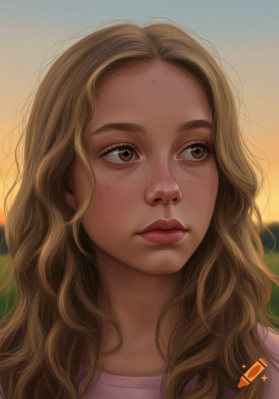 A close-up digital art portrait of a young girl with wavy brown hair, brown eyes, and freckles, looking away at sunset.