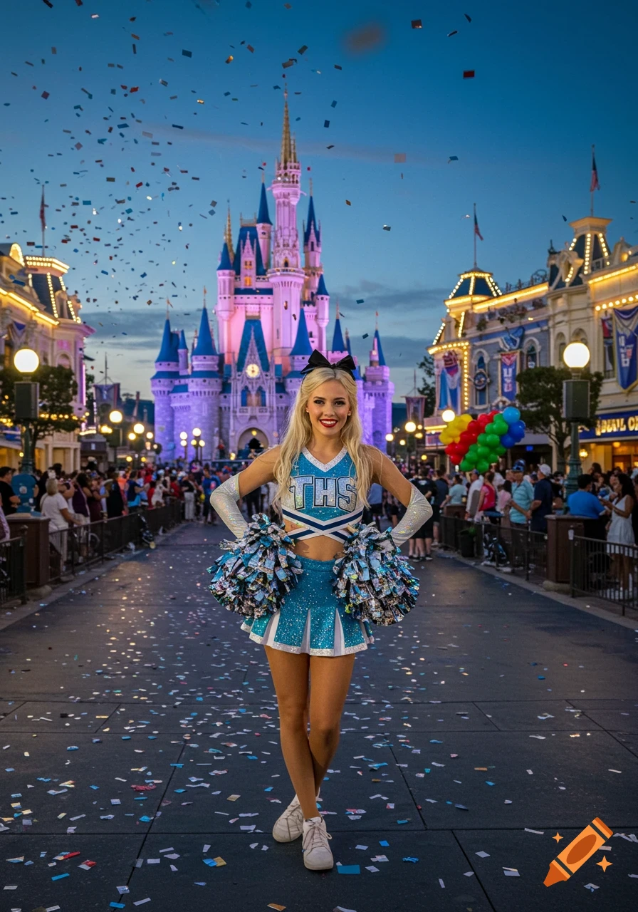 A blonde woman in a blue cheerleading uniform poses on a confetti-strewn street in front of Cinderella Castle at dusk.