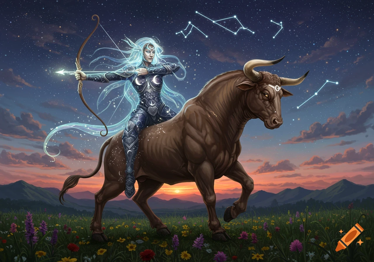 A celestial archer woman with glowing blue hair rides a brown bull through a grassy field under a starry, twilight sky with constellations.