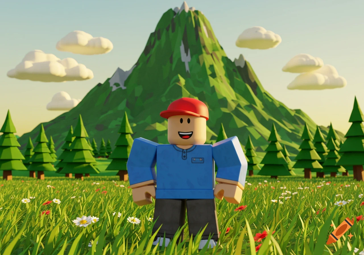 A Roblox character stands in a grassy field with flowers, in front of green low-poly mountains, trees, and clouds.