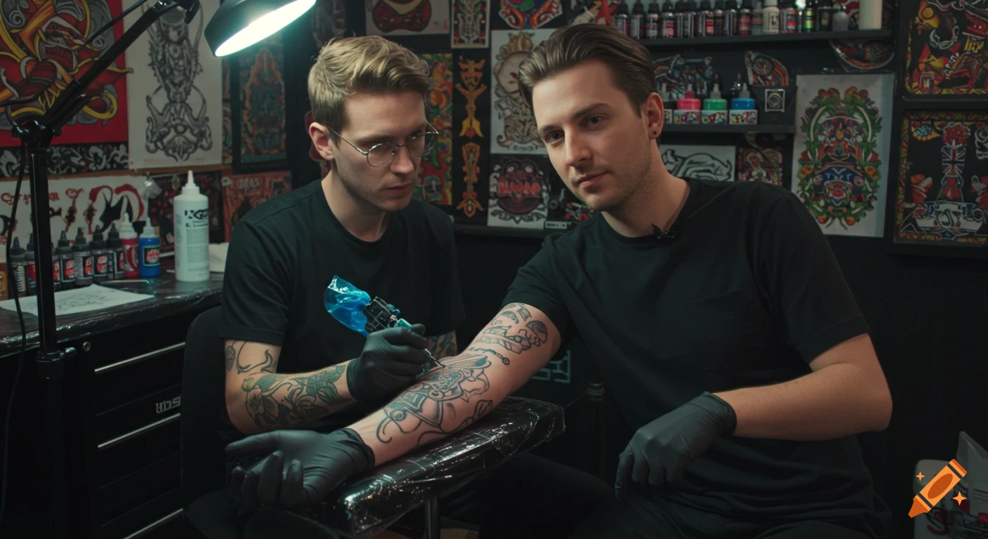 Two men in a realistic tattoo shop, one tattooing a design on the other man's arm.