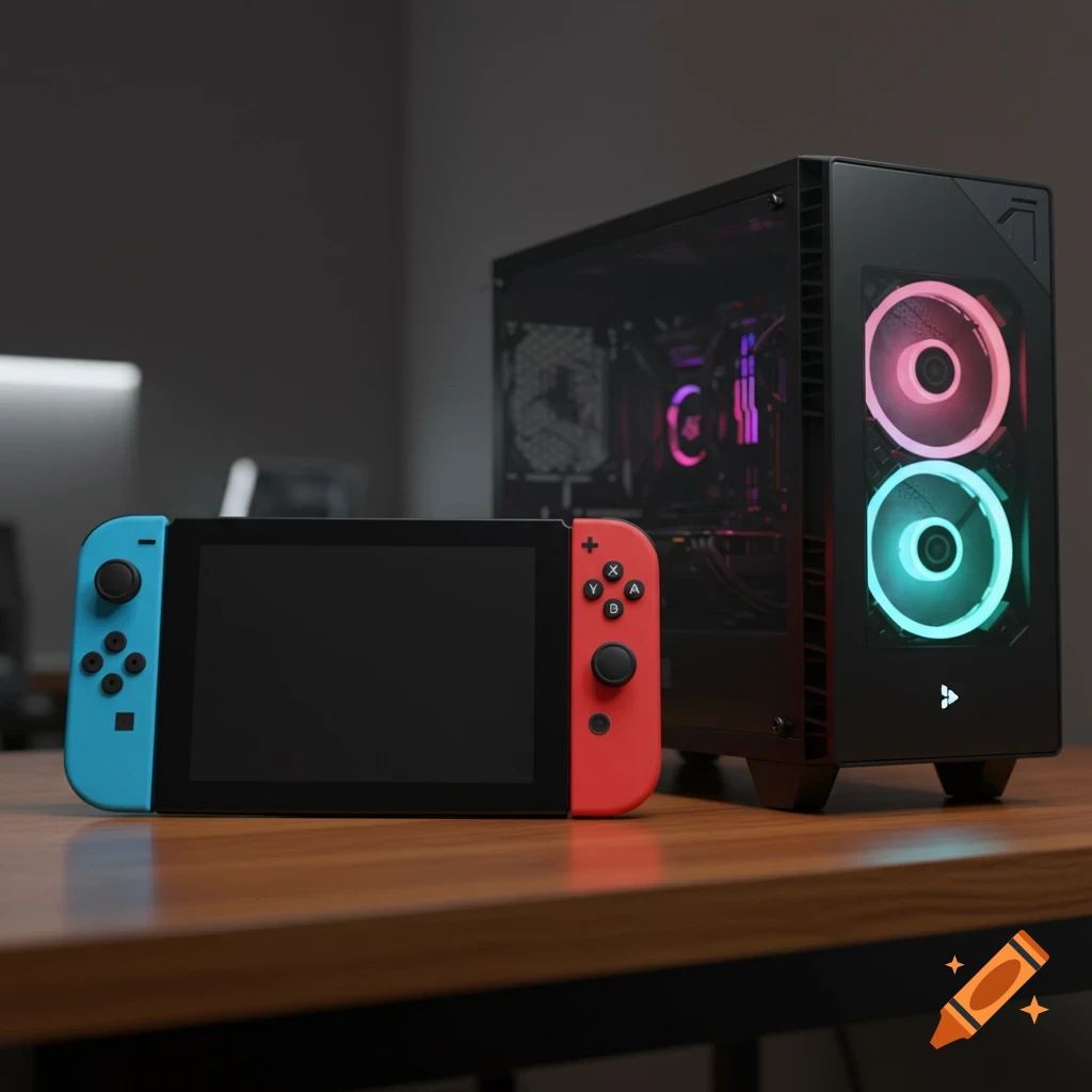 A photorealistic image of a Nintendo Switch and a gaming PC with RGB fans on a wooden desk.