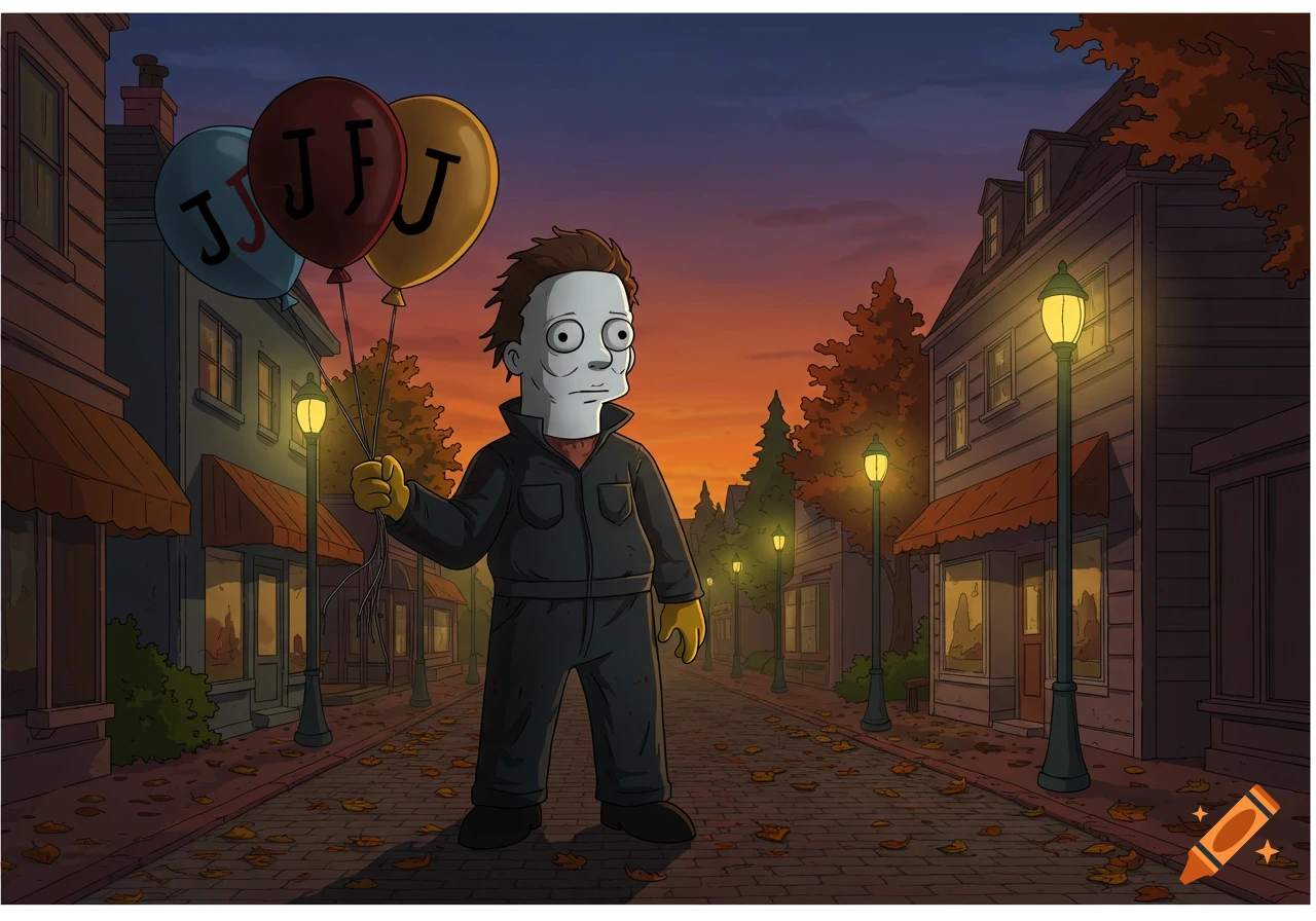 A Bart Simpson-style Michael Myers stands on an autumn street at sunset, holding three balloons with jumbled letters.