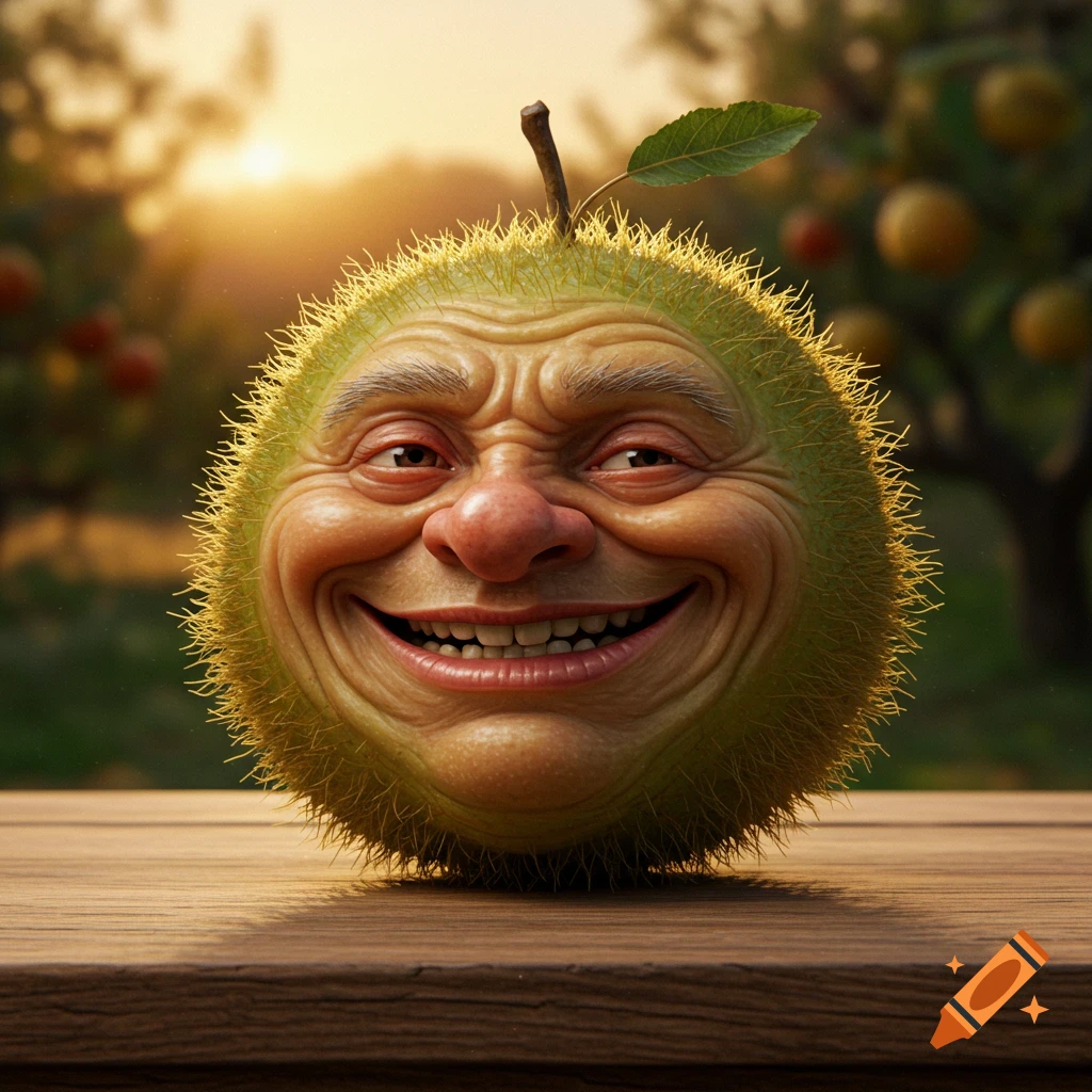 A photorealistic image of a green, hairy fruit with the smiling, wrinkled face of an old man, on a wooden table outdoors at sunset.