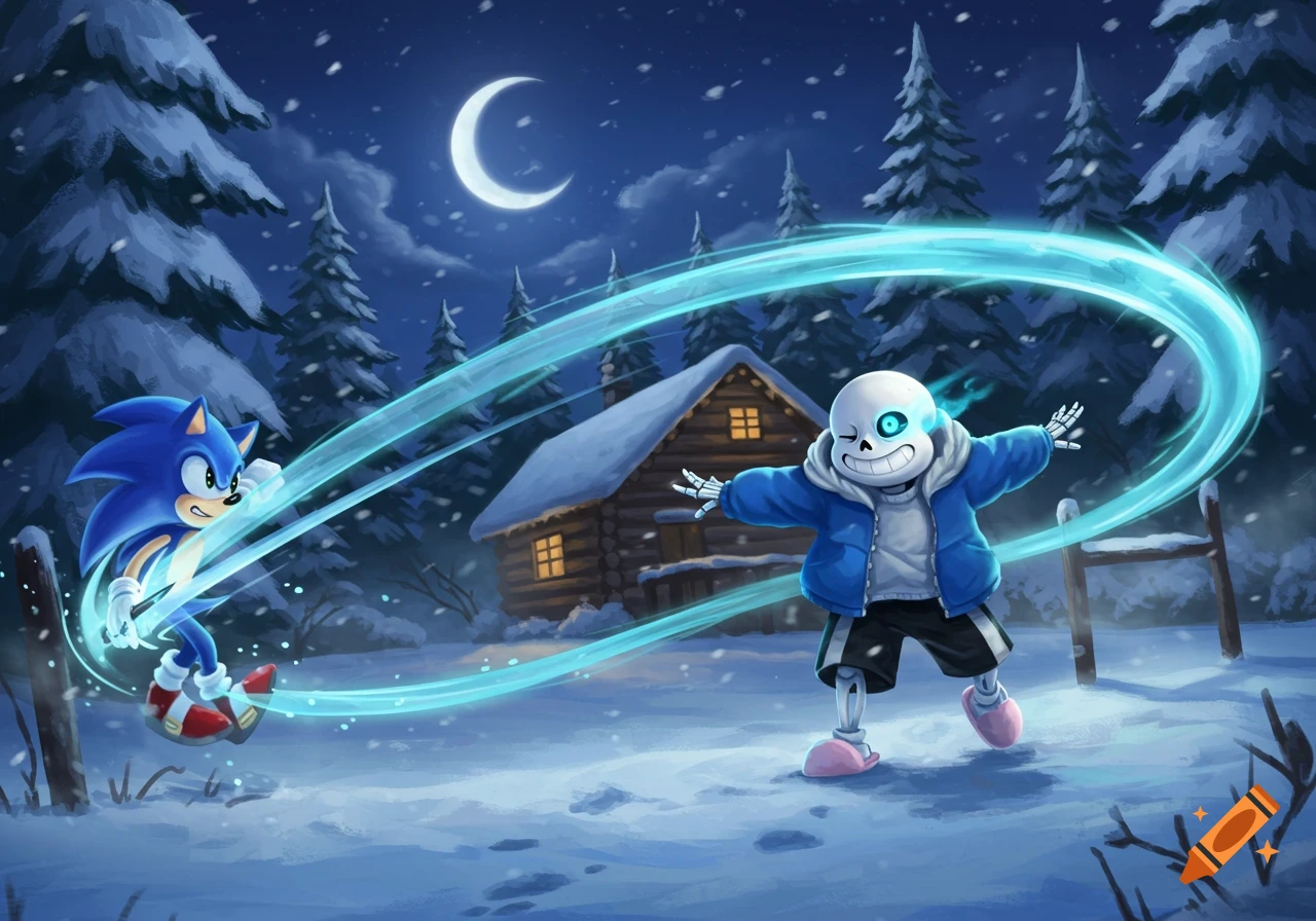Sonic the Hedgehog and Sans from Undertale in a snowy forest at night, with a cabin and crescent moon.