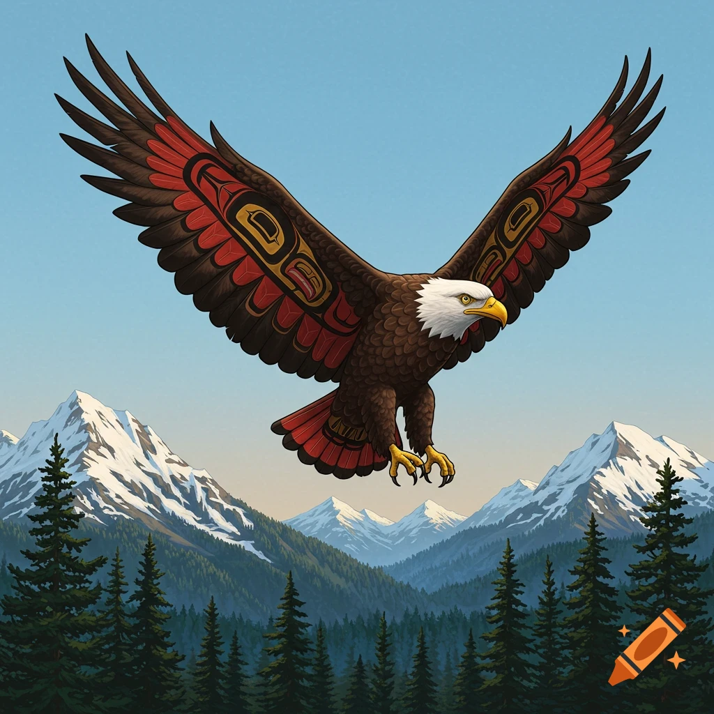 A stylized bald eagle with red and black Tlingit patterns on its wings flies over snow-capped mountains and green pine forests.