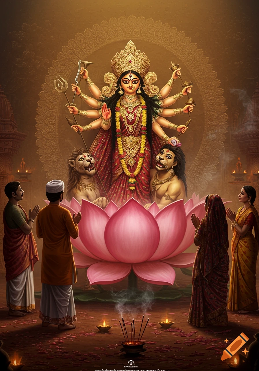 A multi-armed Goddess Durga emerges from a lotus, flanked by lion-like figures. Devotees pray before her in a temple setting.