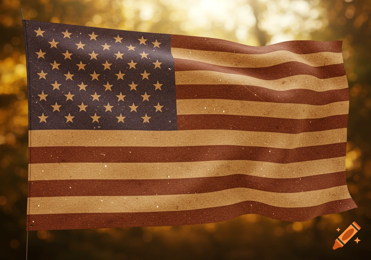 A rustic brown and tan American flag with a textured appearance, waving against a warm, blurred bokeh background.