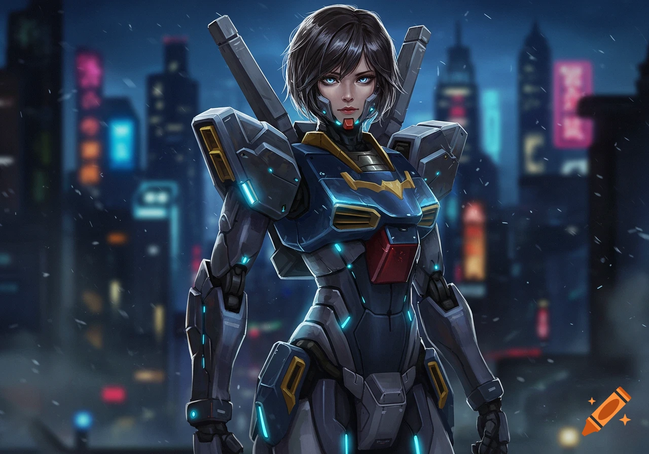 A dark-haired female character in a detailed blue and grey mecha suit with glowing light blue accents stands against a futuristic city.