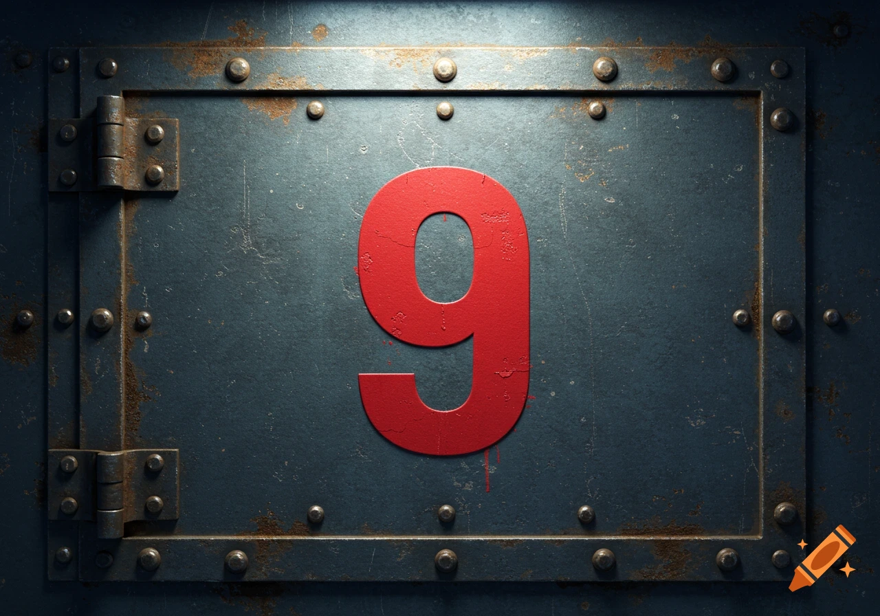 A large red number nine painted on a dark, rusted metal door with visible hinges and rivets.