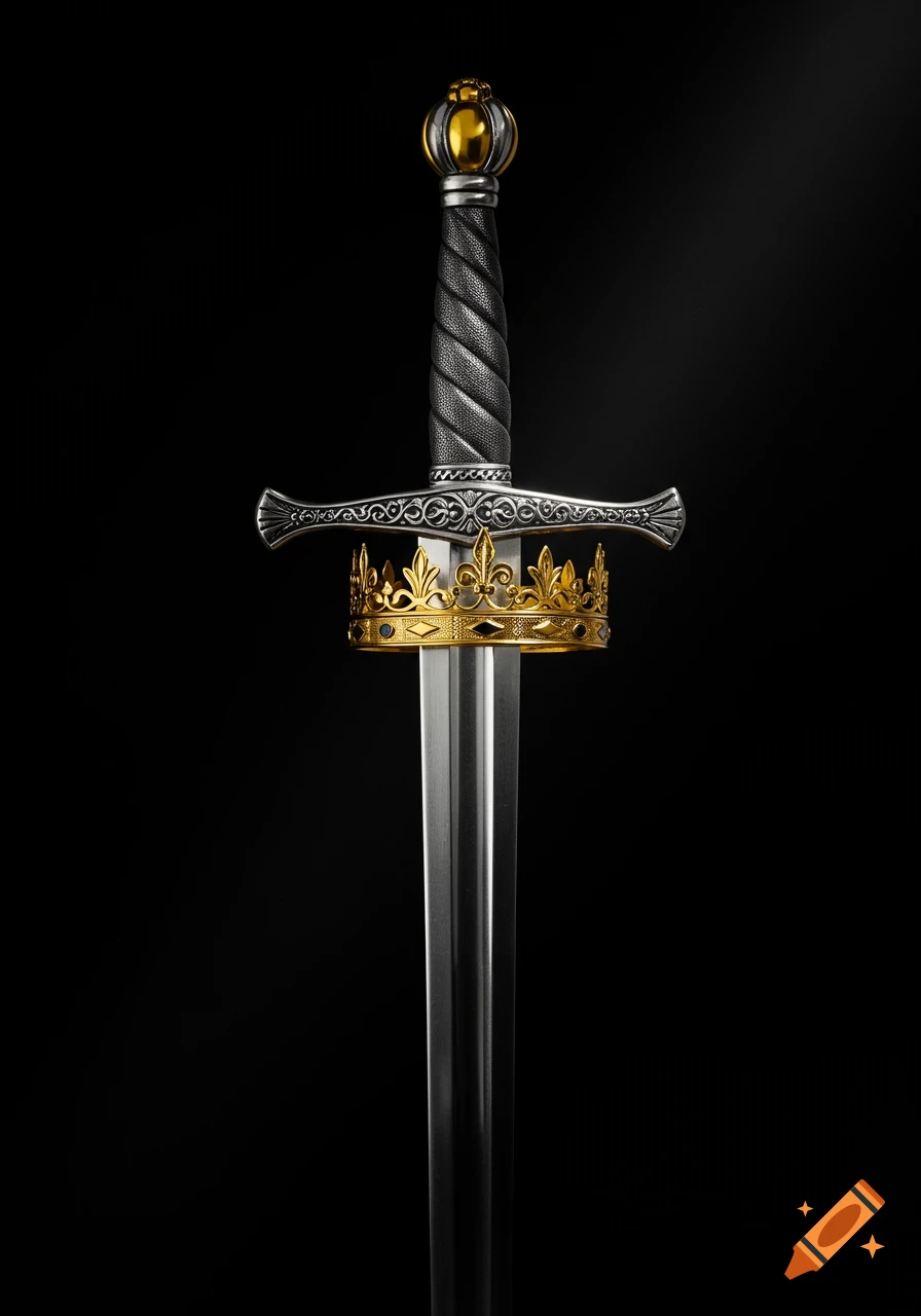 A photorealistic silver sword with a detailed hilt and a gold crown resting on its guard, set against a dark background.