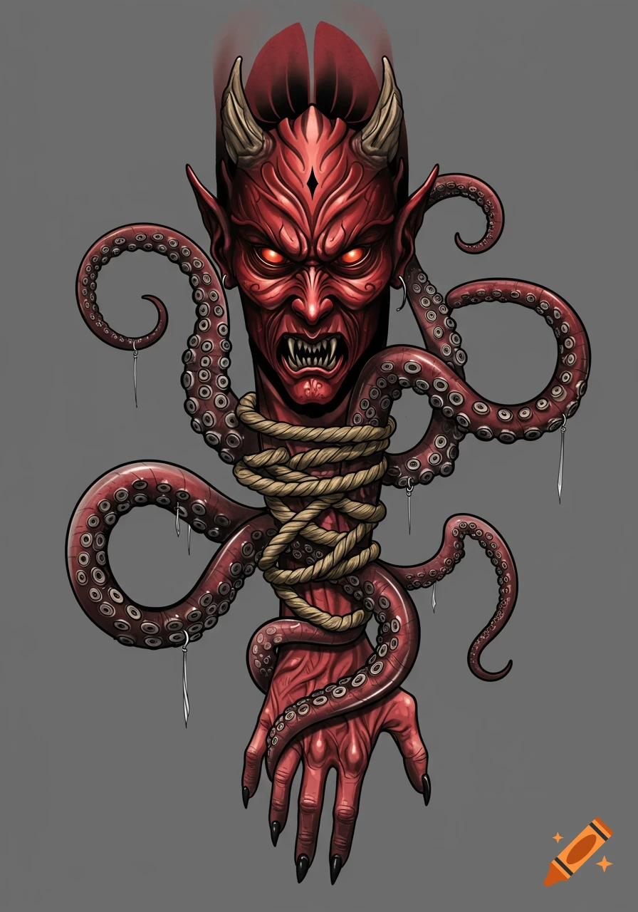 Stylized tattoo design of a red horned demon head with glowing eyes and sharp teeth, tentacles wrapping around a human arm tied with rope.